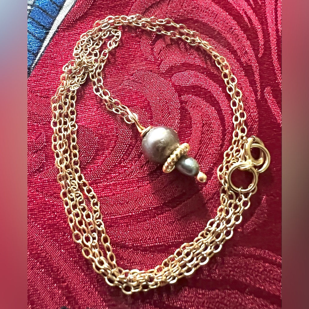 14k Yellow Gold Cable Chain Necklace 18” W/Baroque Gray-Blue Pearl Pendant-1.48g